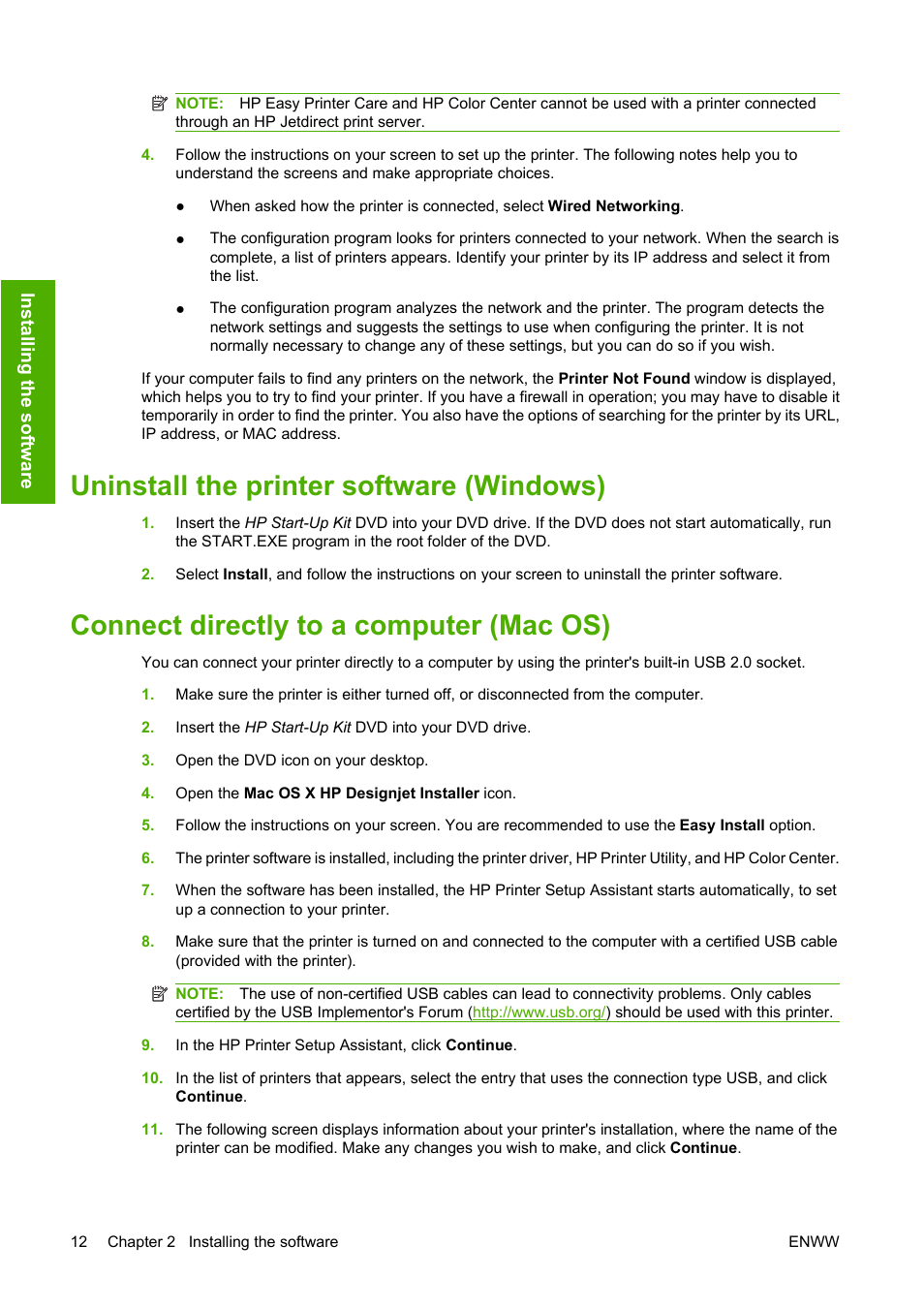 Uninstall the printer software (windows), Connect directly to a computer (mac os) | HP Designjet T610 Printer series User Manual | Page 22 / 181
