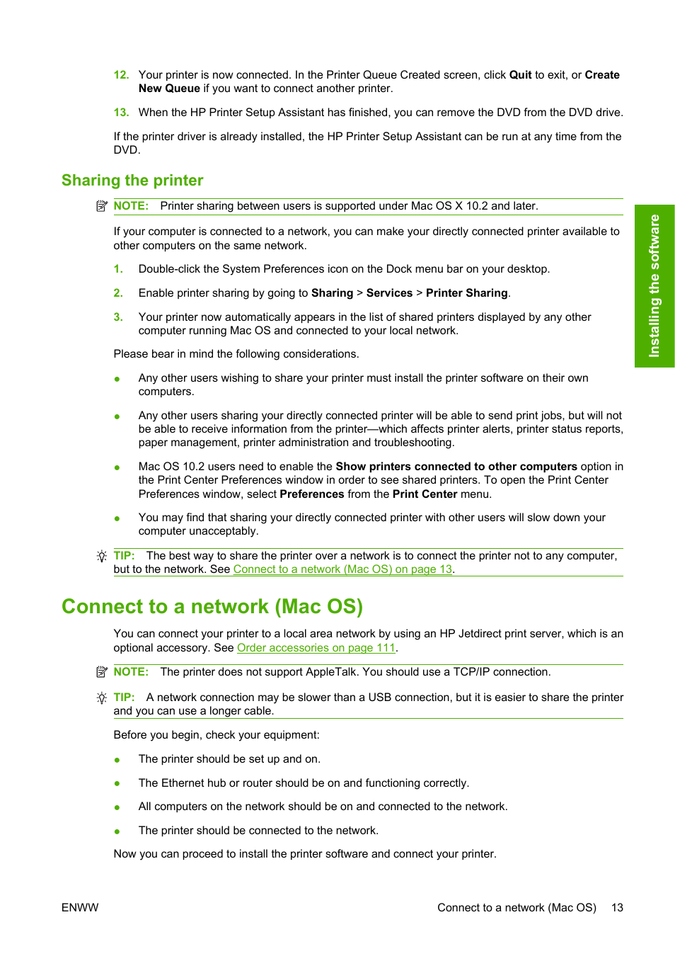 Sharing the printer, Connect to a network (mac os) | HP Designjet T610 Printer series User Manual | Page 23 / 181