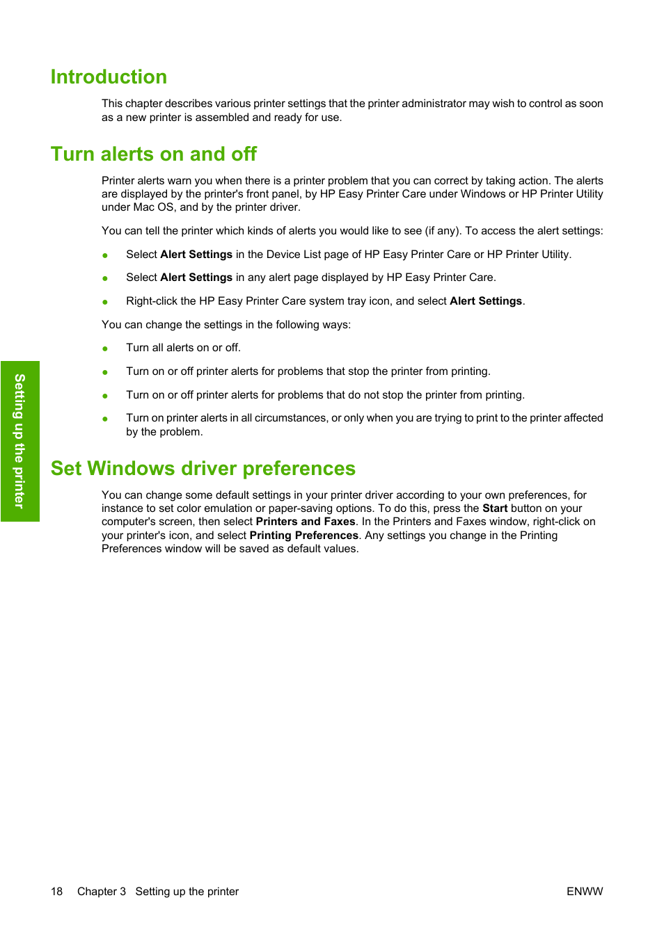 Introduction, Turn alerts on and off, Set windows driver preferences | HP Designjet T610 Printer series User Manual | Page 28 / 181