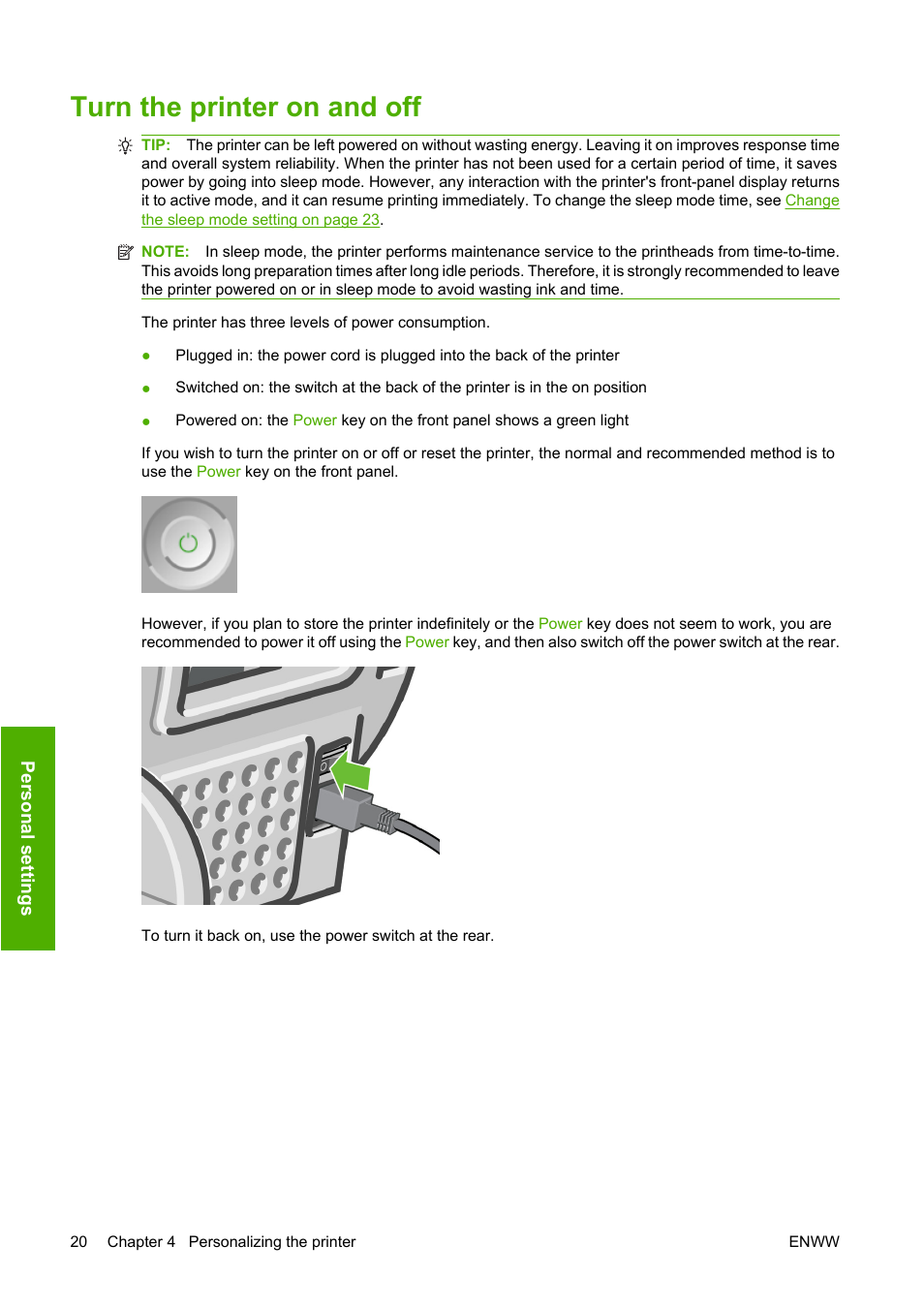 Turn the printer on and off | HP Designjet T610 Printer series User Manual | Page 30 / 181