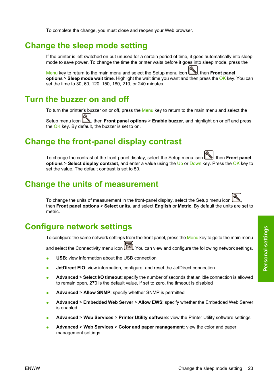 Change the sleep mode setting, Turn the buzzer on and off, Change the front-panel display contrast | Change the units of measurement, Configure network settings, Change | HP Designjet T610 Printer series User Manual | Page 33 / 181