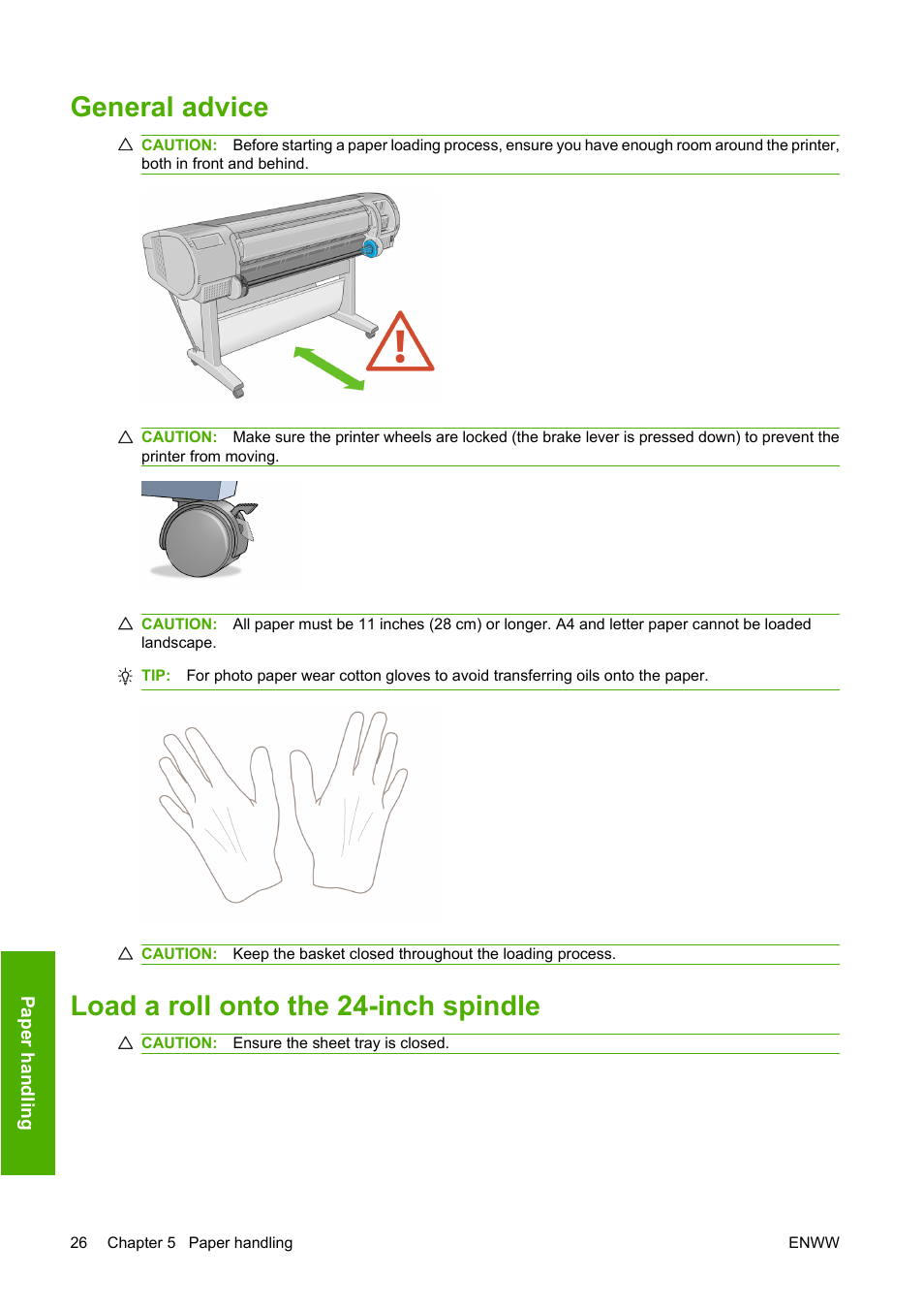 General advice, Load a roll onto the 24-inch spindle | HP Designjet T610 Printer series User Manual | Page 36 / 181