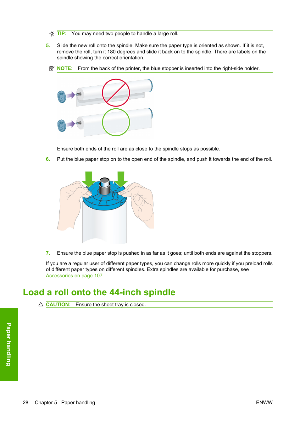 Load a roll onto the 44-inch spindle | HP Designjet T610 Printer series User Manual | Page 38 / 181