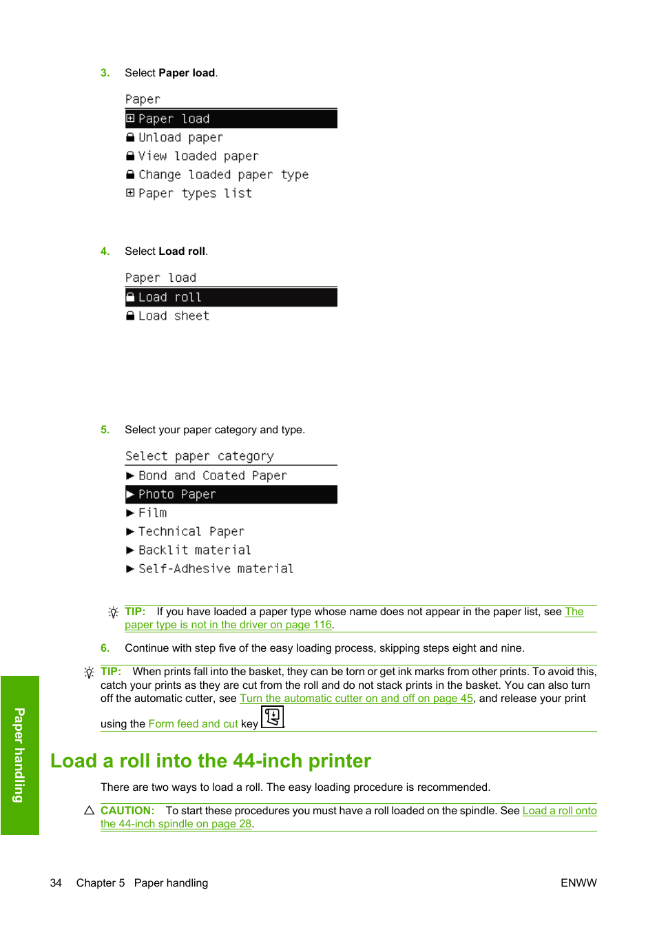 Load a roll into the 44-inch printer | HP Designjet T610 Printer series User Manual | Page 44 / 181
