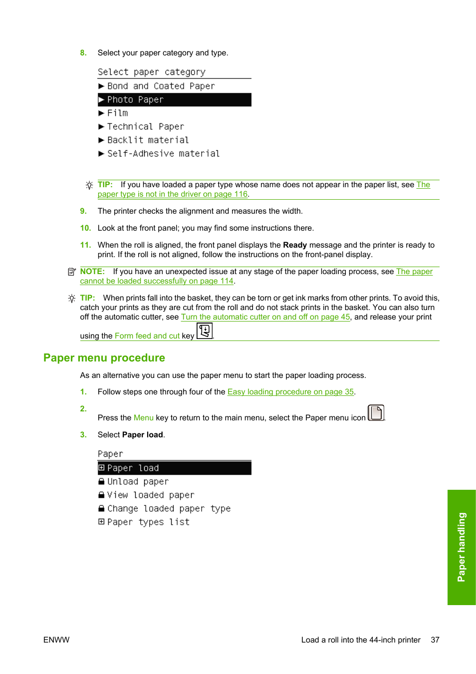 Paper menu procedure | HP Designjet T610 Printer series User Manual | Page 47 / 181