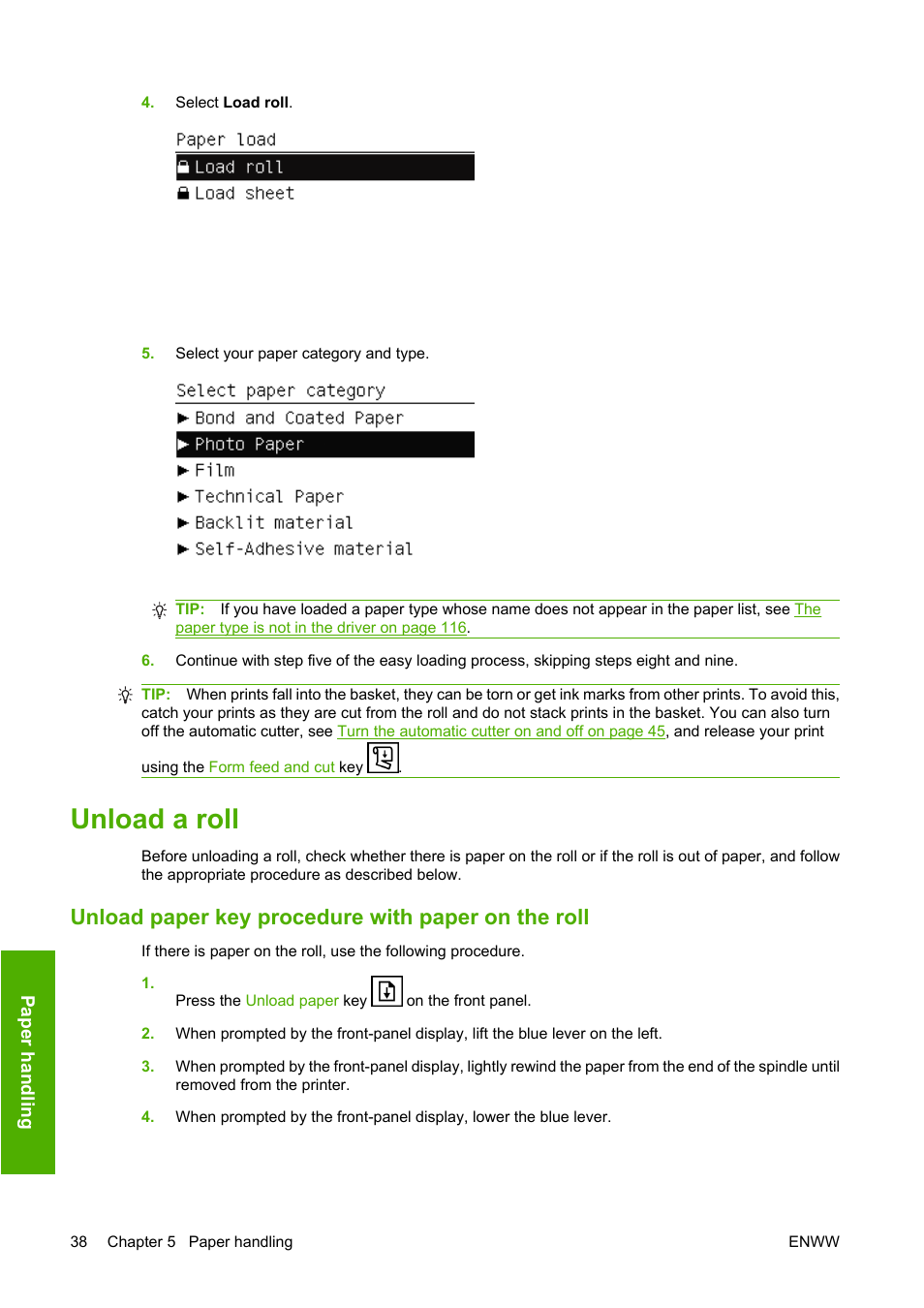 Unload a roll, Unload paper key procedure with paper on the roll | HP Designjet T610 Printer series User Manual | Page 48 / 181