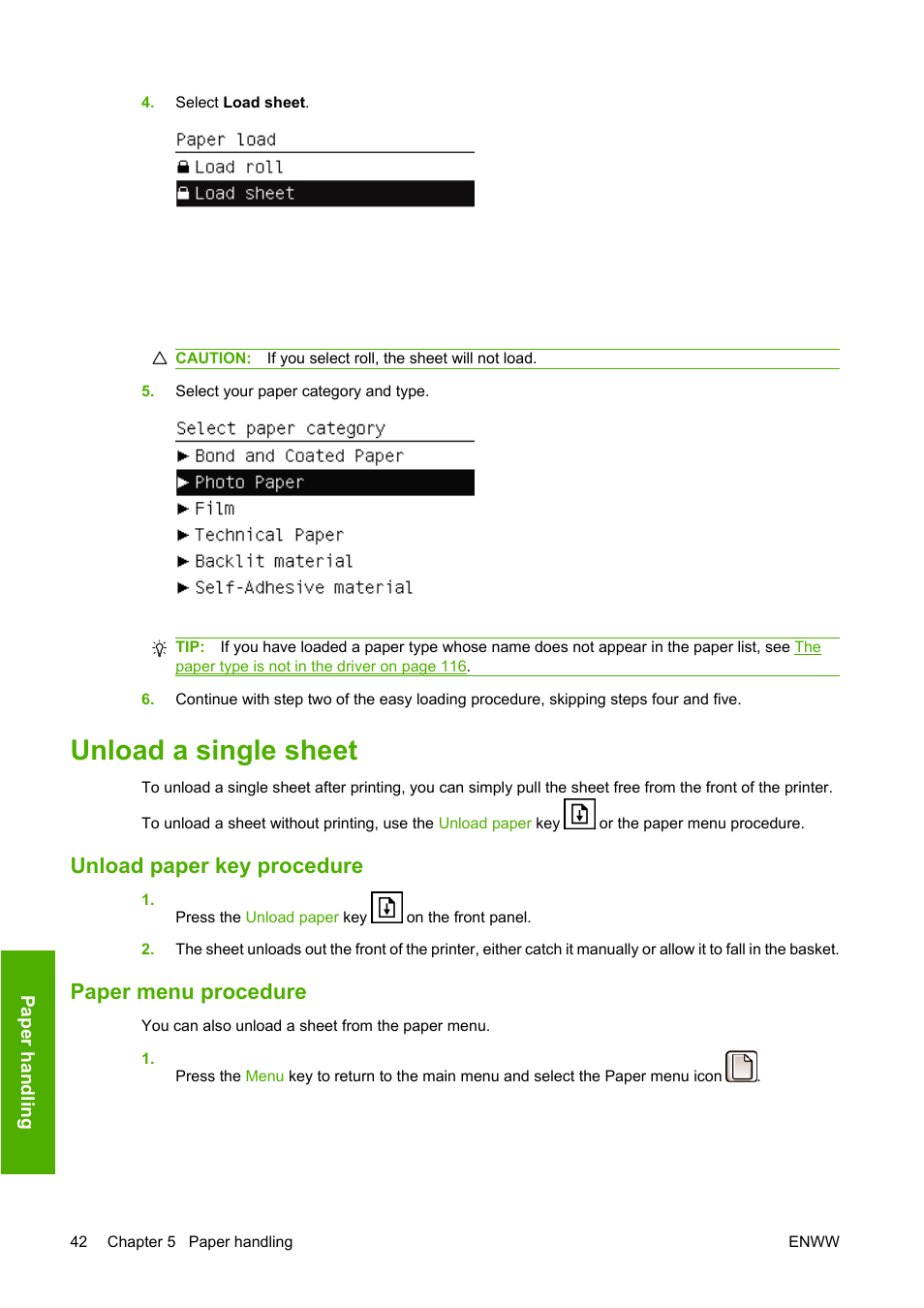 Unload a single sheet, Unload paper key procedure, Paper menu procedure | Unload paper key procedure paper menu procedure | HP Designjet T610 Printer series User Manual | Page 52 / 181