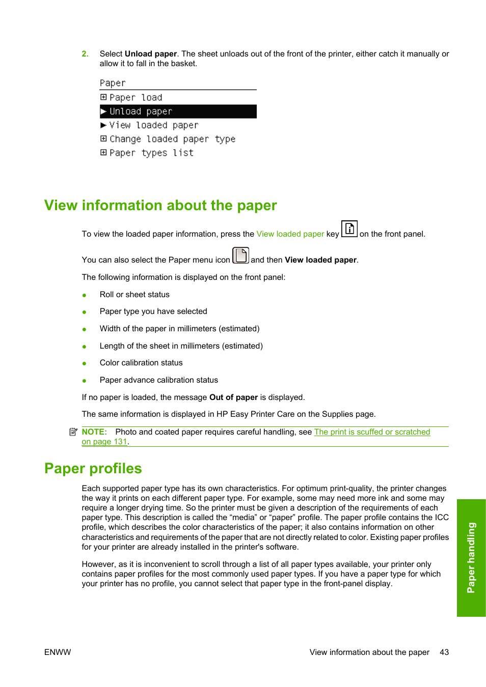 View information about the paper, Paper profiles, View information about the paper paper profiles | HP Designjet T610 Printer series User Manual | Page 53 / 181