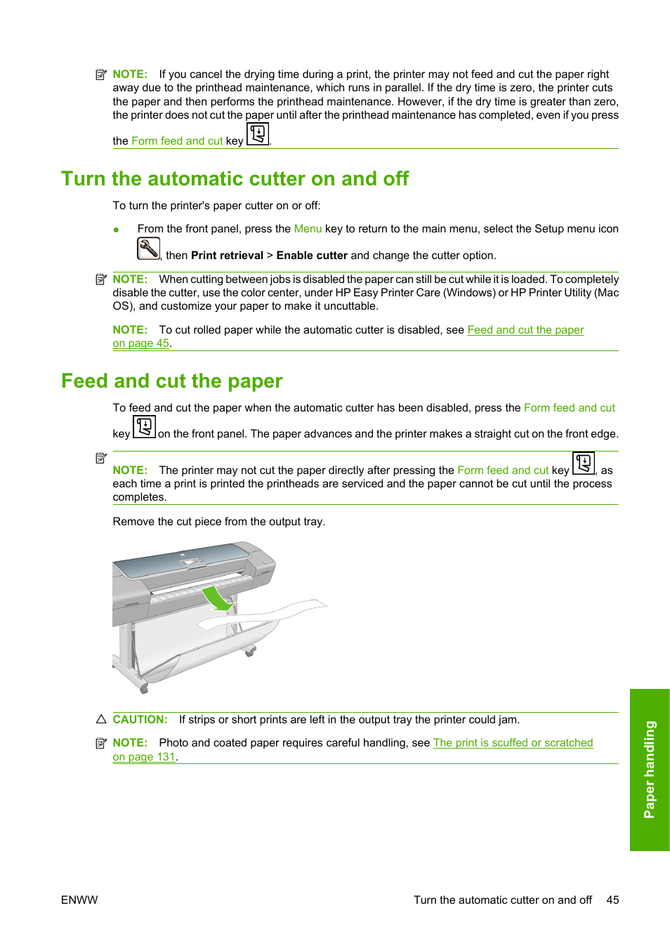 Turn the automatic cutter on and off, Feed and cut the paper, Cutter, see | Matic cutter, see | HP Designjet T610 Printer series User Manual | Page 55 / 181