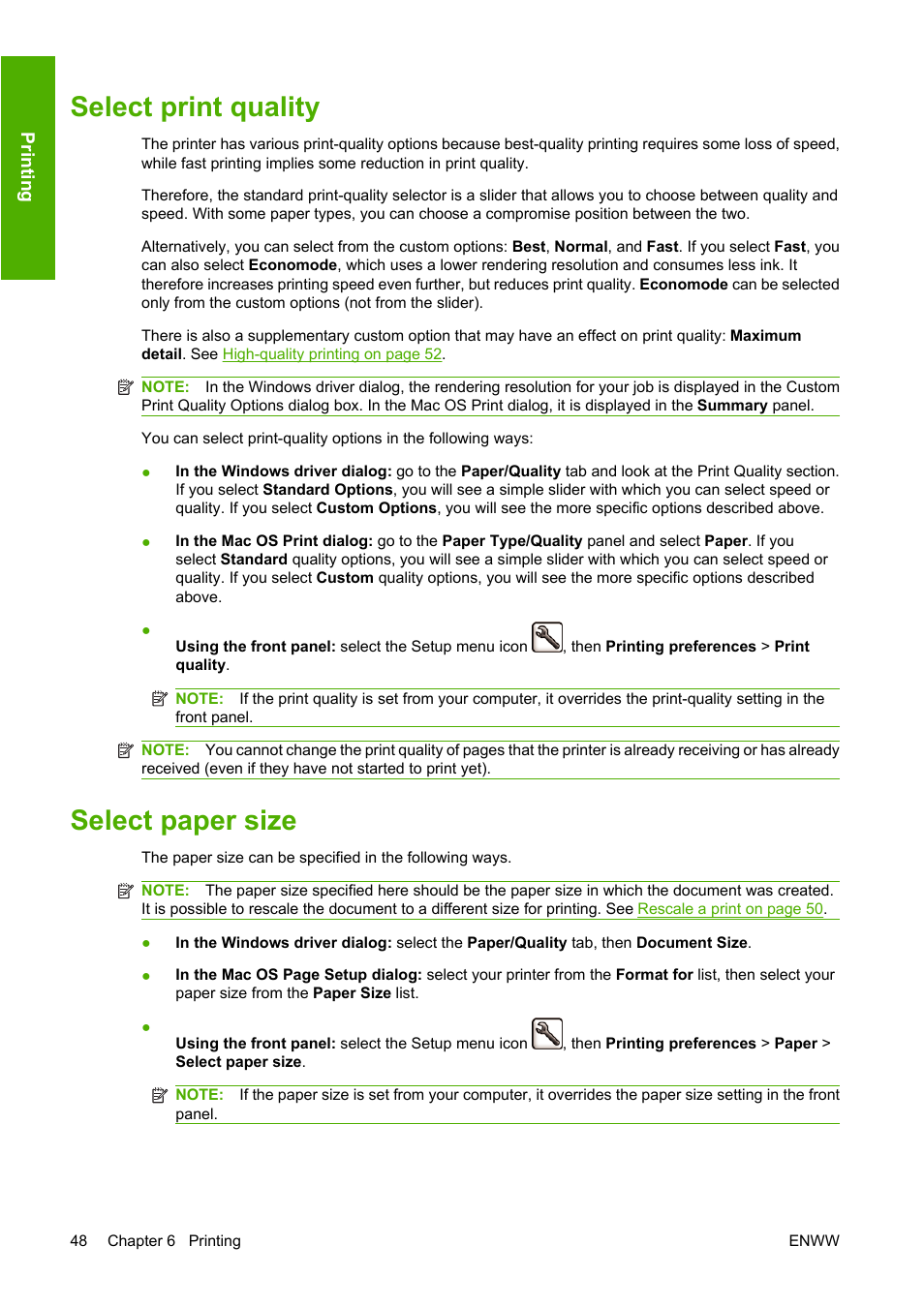 Select print quality, Select paper size, Select print quality select paper size | HP Designjet T610 Printer series User Manual | Page 58 / 181