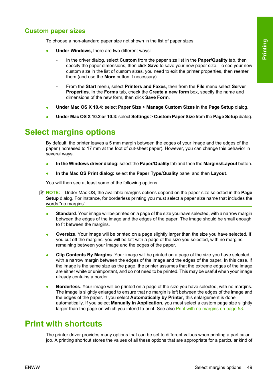 Custom paper sizes, Select margins options, Print with shortcuts | Select margins options print with shortcuts | HP Designjet T610 Printer series User Manual | Page 59 / 181