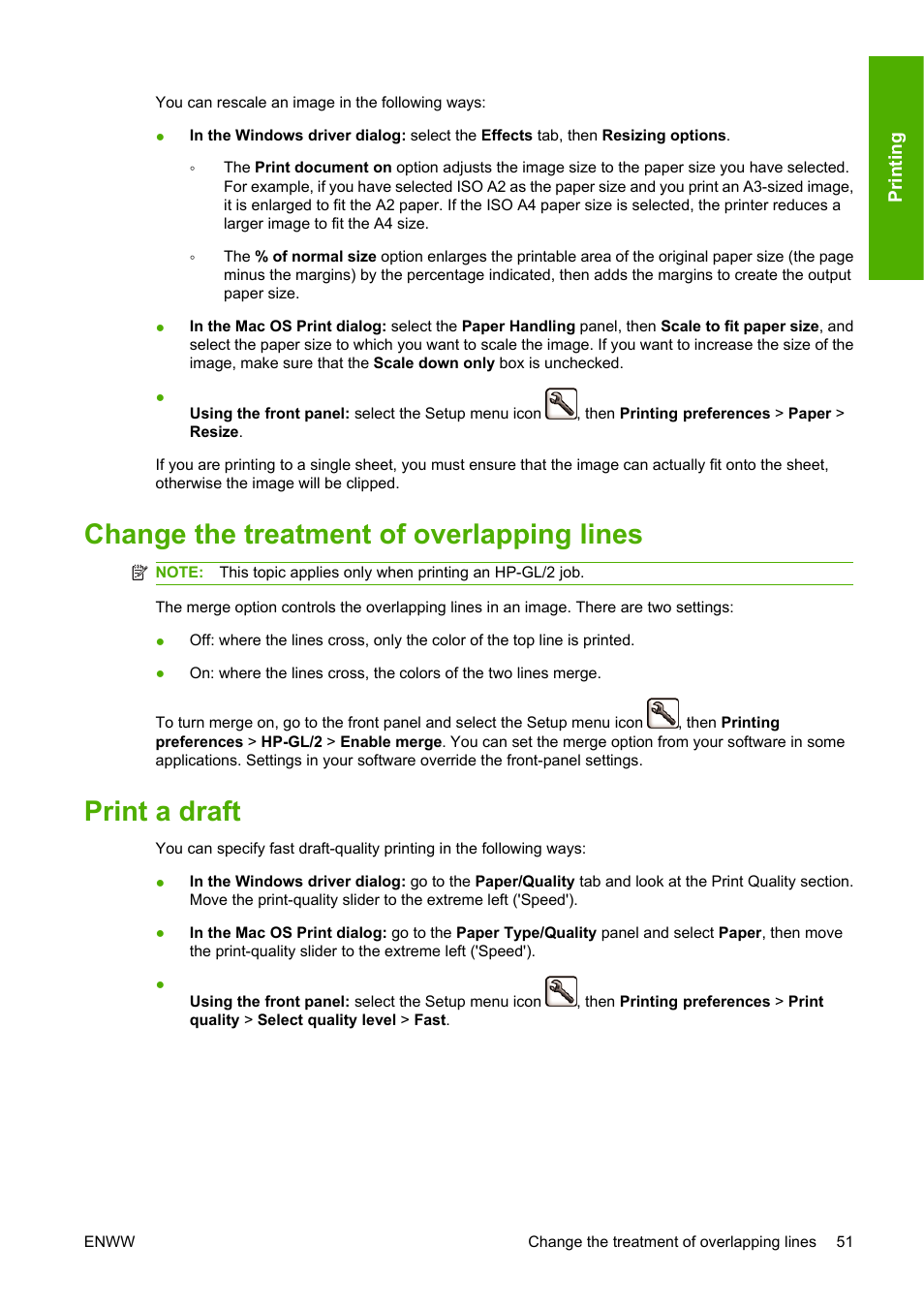 Change the treatment of overlapping lines, Print a draft | HP Designjet T610 Printer series User Manual | Page 61 / 181
