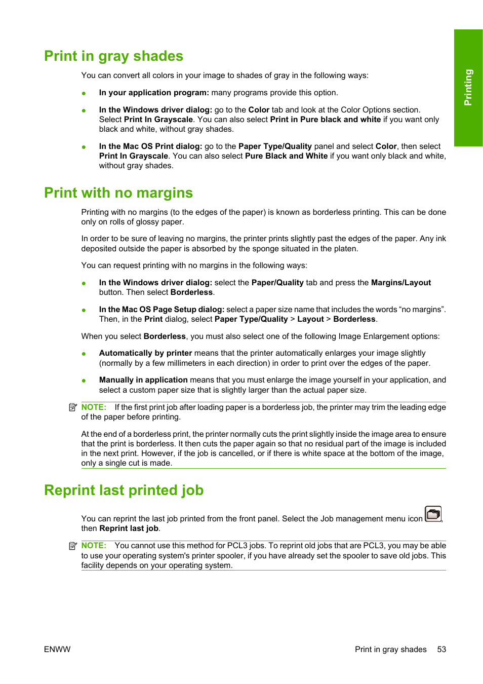 Print in gray shades, Print with no margins, Reprint last printed job | HP Designjet T610 Printer series User Manual | Page 63 / 181