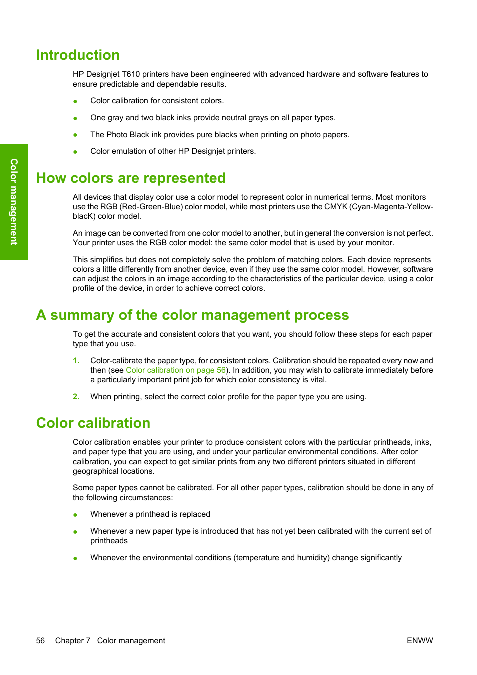 Introduction, How colors are represented, A summary of the color management process | Color calibration | HP Designjet T610 Printer series User Manual | Page 66 / 181