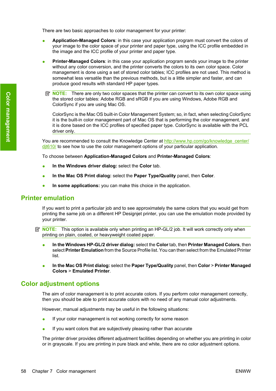 Printer emulation, Color adjustment options, Printer emulation color adjustment options | HP Designjet T610 Printer series User Manual | Page 68 / 181