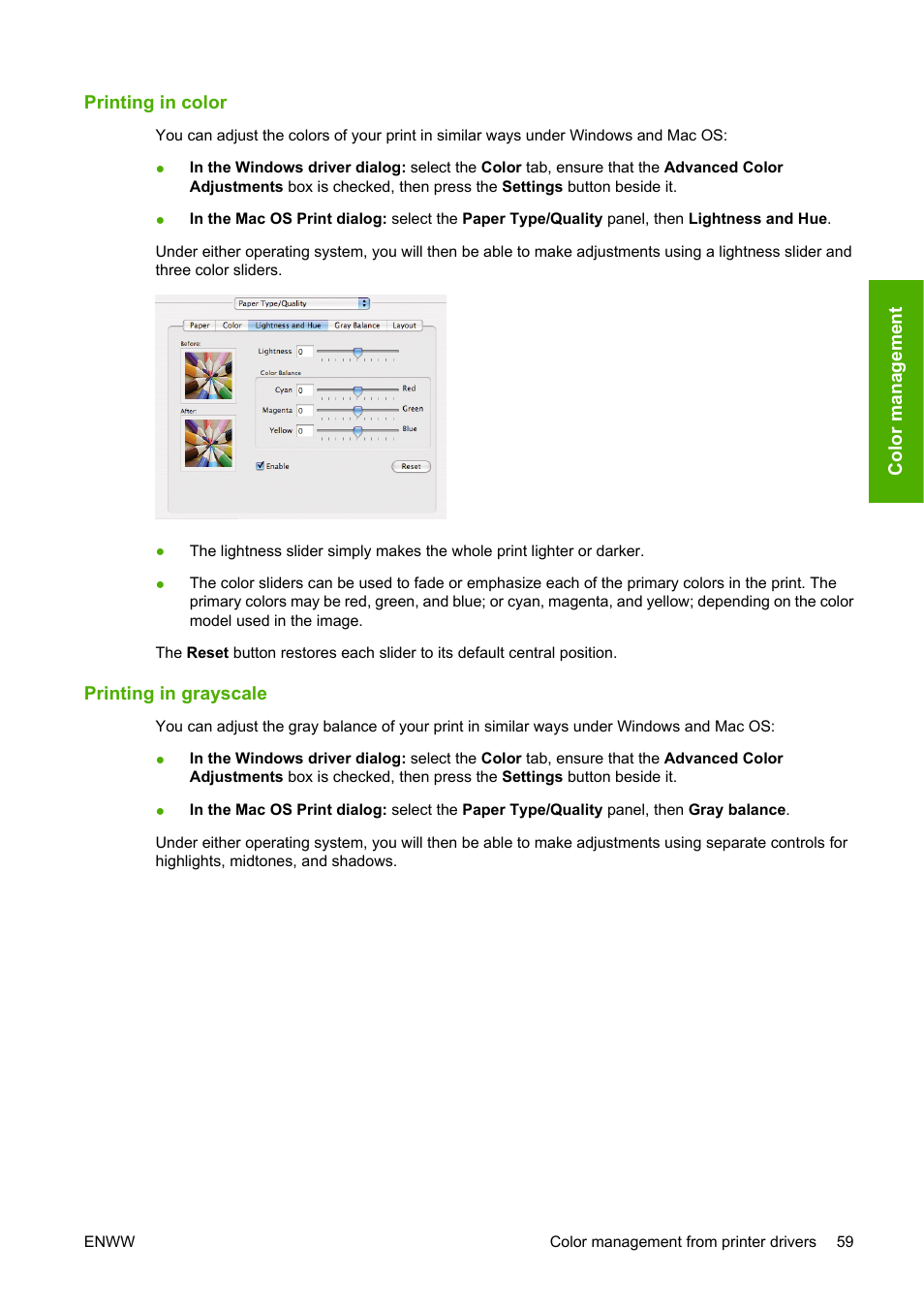 Printing in color, Printing in grayscale, Printing in color printing in grayscale | HP Designjet T610 Printer series User Manual | Page 69 / 181