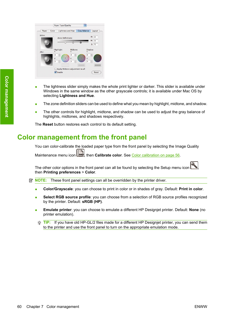 Color management from the front panel | HP Designjet T610 Printer series User Manual | Page 70 / 181