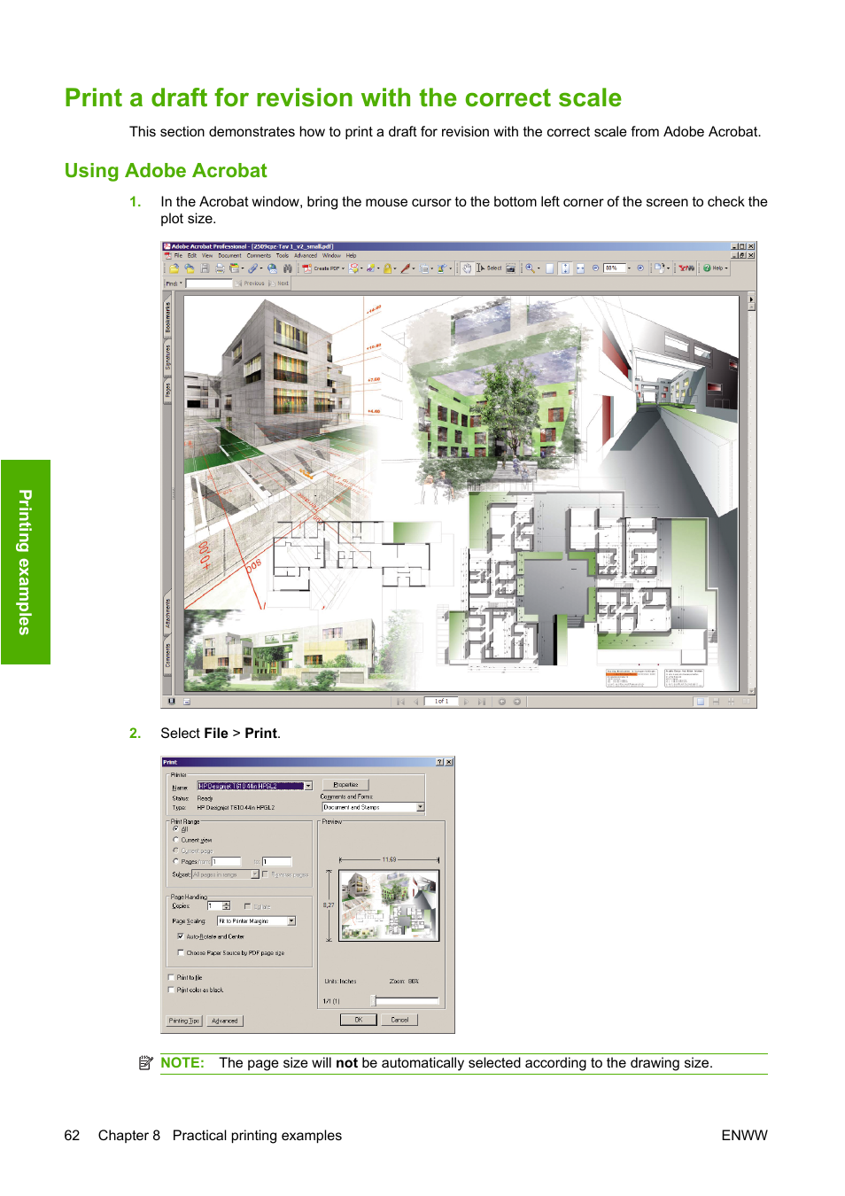 Print a draft for revision with the correct scale, Using adobe acrobat | HP Designjet T610 Printer series User Manual | Page 72 / 181