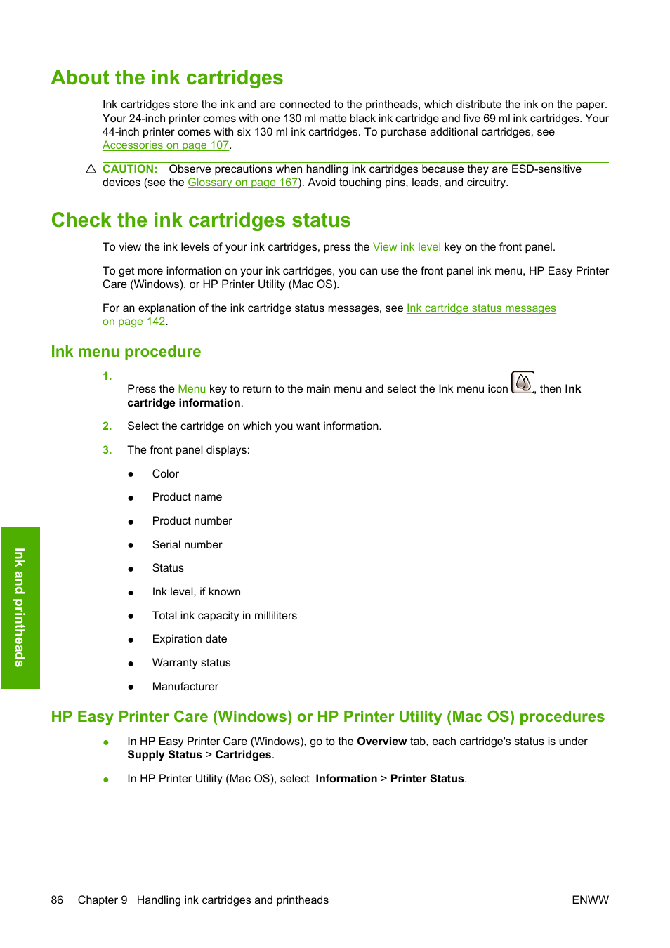 About the ink cartridges, Check the ink cartridges status, Ink menu procedure | View ink levels, see | HP Designjet T610 Printer series User Manual | Page 96 / 181