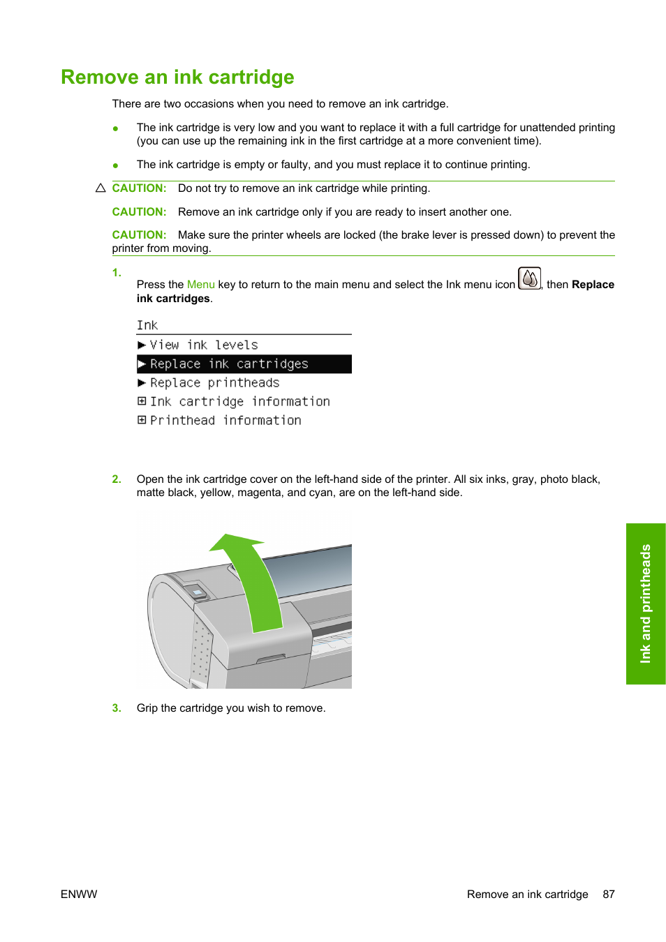 Remove an ink cartridge | HP Designjet T610 Printer series User Manual | Page 97 / 181