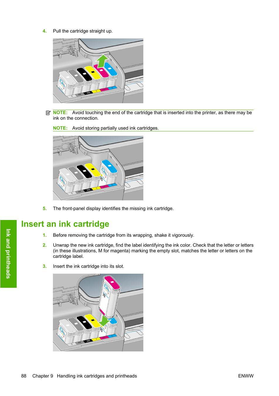 Insert an ink cartridge | HP Designjet T610 Printer series User Manual | Page 98 / 181