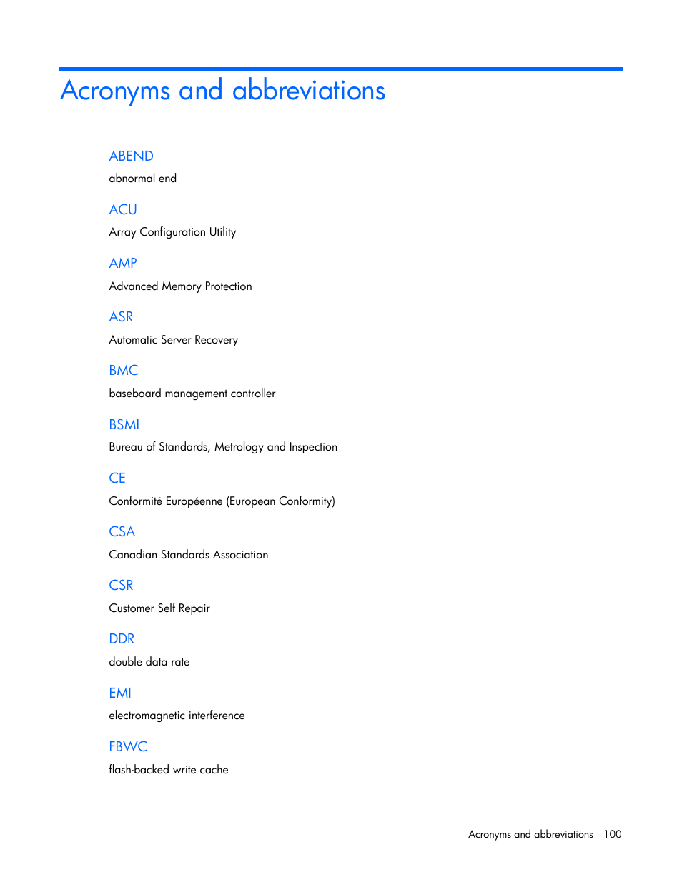 Acronyms and abbreviations | HP ProLiant ML310e Gen8 Server User Manual | Page 100 / 107
