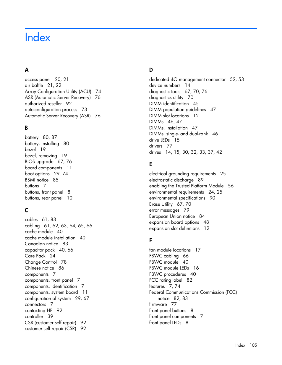 Index | HP ProLiant ML310e Gen8 Server User Manual | Page 105 / 107