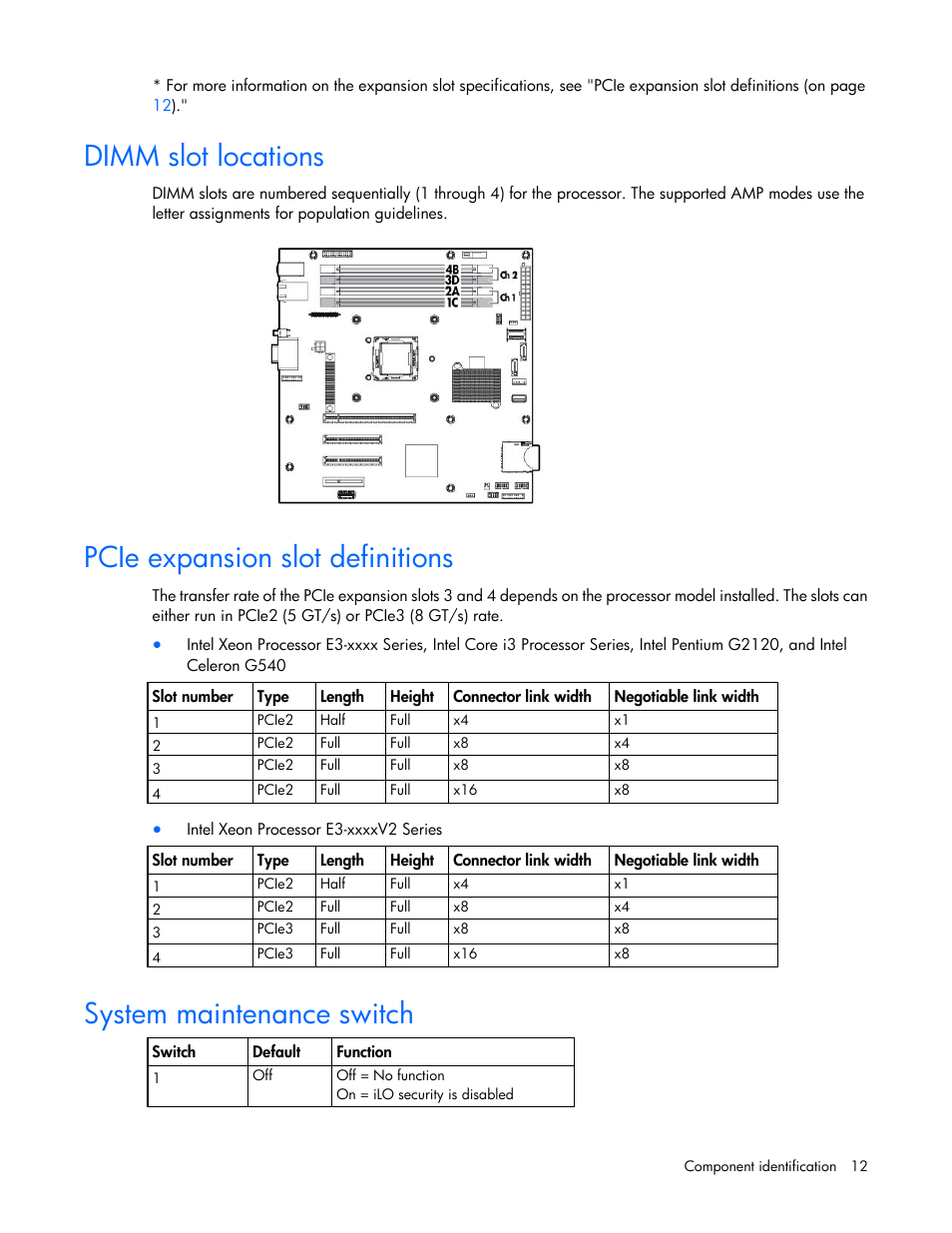 Dimm slot locations, Pcie expansion slot definitions, System maintenance switch | HP ProLiant ML310e Gen8 Server User Manual | Page 12 / 107