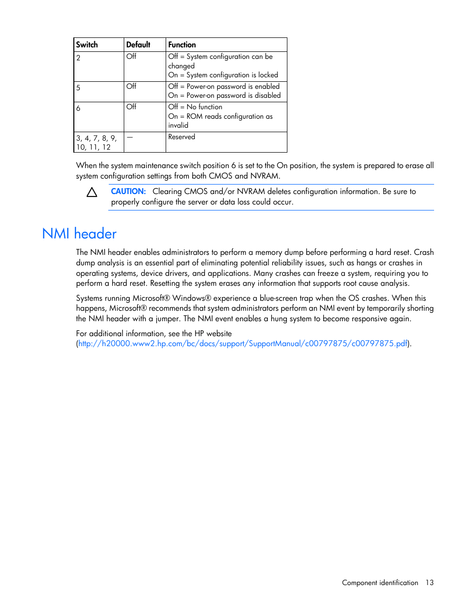 Nmi header | HP ProLiant ML310e Gen8 Server User Manual | Page 13 / 107