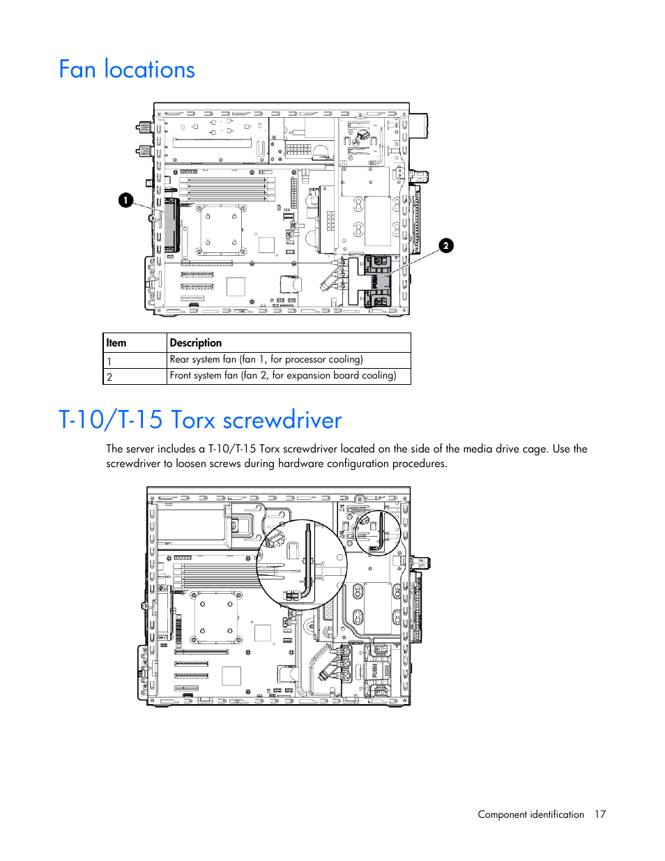Fan locations, T-10/t-15 torx screwdriver | HP ProLiant ML310e Gen8 Server User Manual | Page 17 / 107