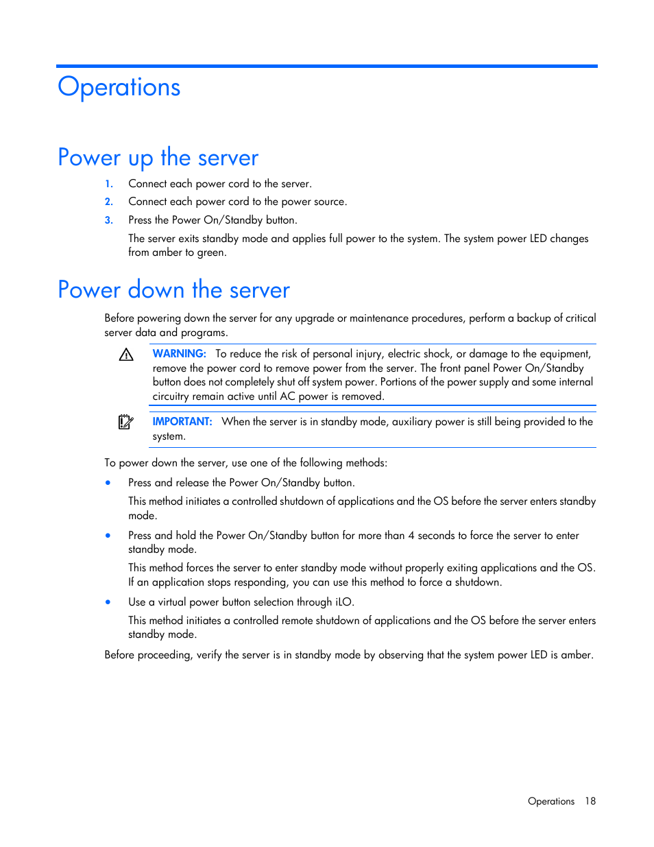 Operations, Power up the server, Power down the server | HP ProLiant ML310e Gen8 Server User Manual | Page 18 / 107