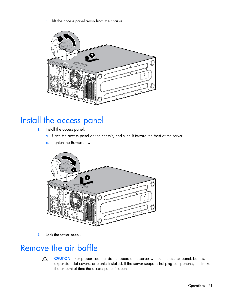 Install the access panel, Remove the air baffle | HP ProLiant ML310e Gen8 Server User Manual | Page 21 / 107