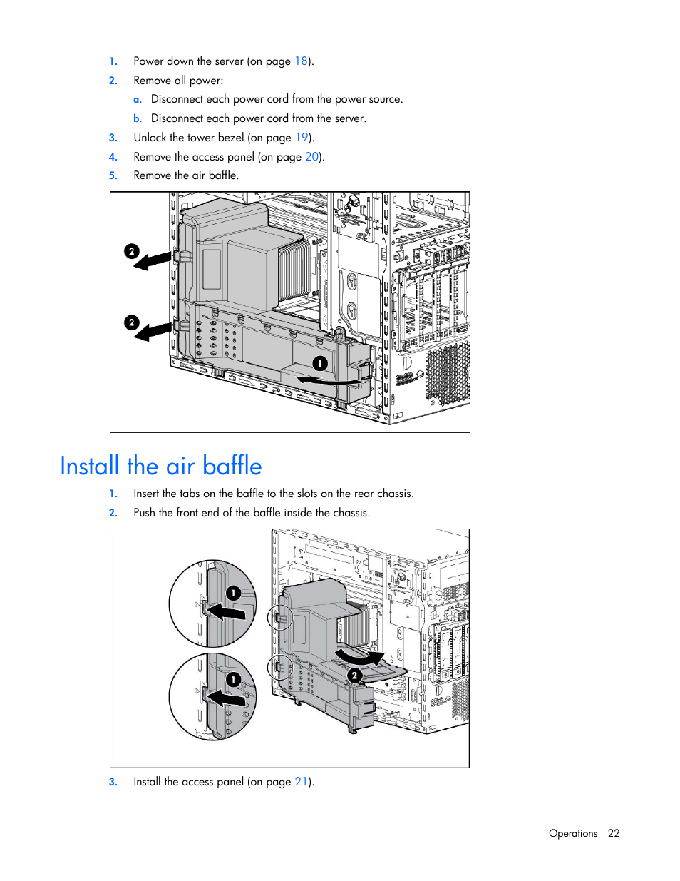 Install the air baffle | HP ProLiant ML310e Gen8 Server User Manual | Page 22 / 107