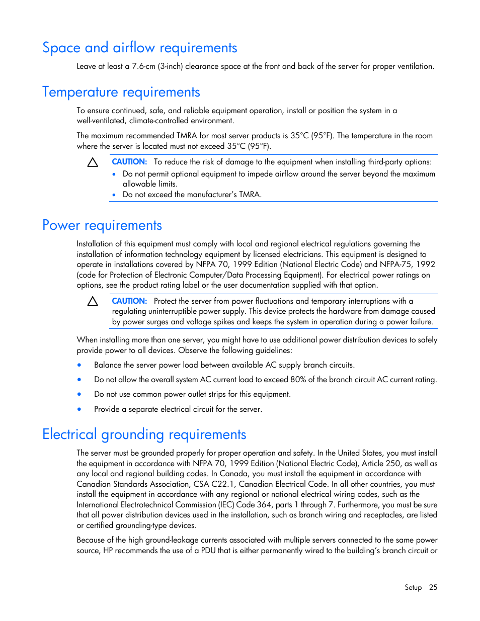 Space and airflow requirements, Temperature requirements, Power requirements | Electrical grounding requirements | HP ProLiant ML310e Gen8 Server User Manual | Page 25 / 107