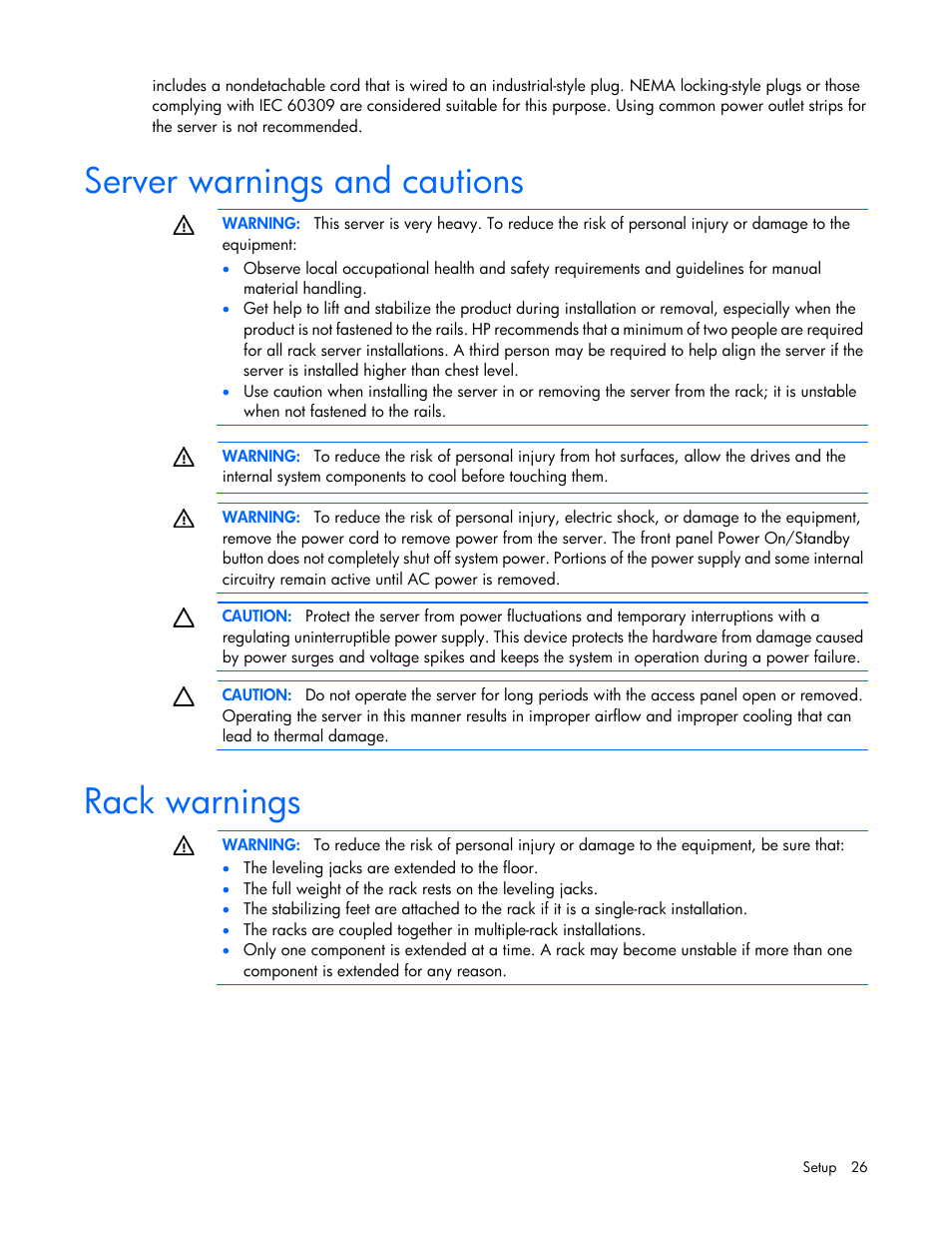 Server warnings and cautions, Rack warnings | HP ProLiant ML310e Gen8 Server User Manual | Page 26 / 107