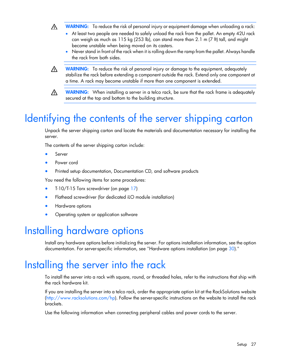 Installing hardware options, Installing the server into the rack | HP ProLiant ML310e Gen8 Server User Manual | Page 27 / 107