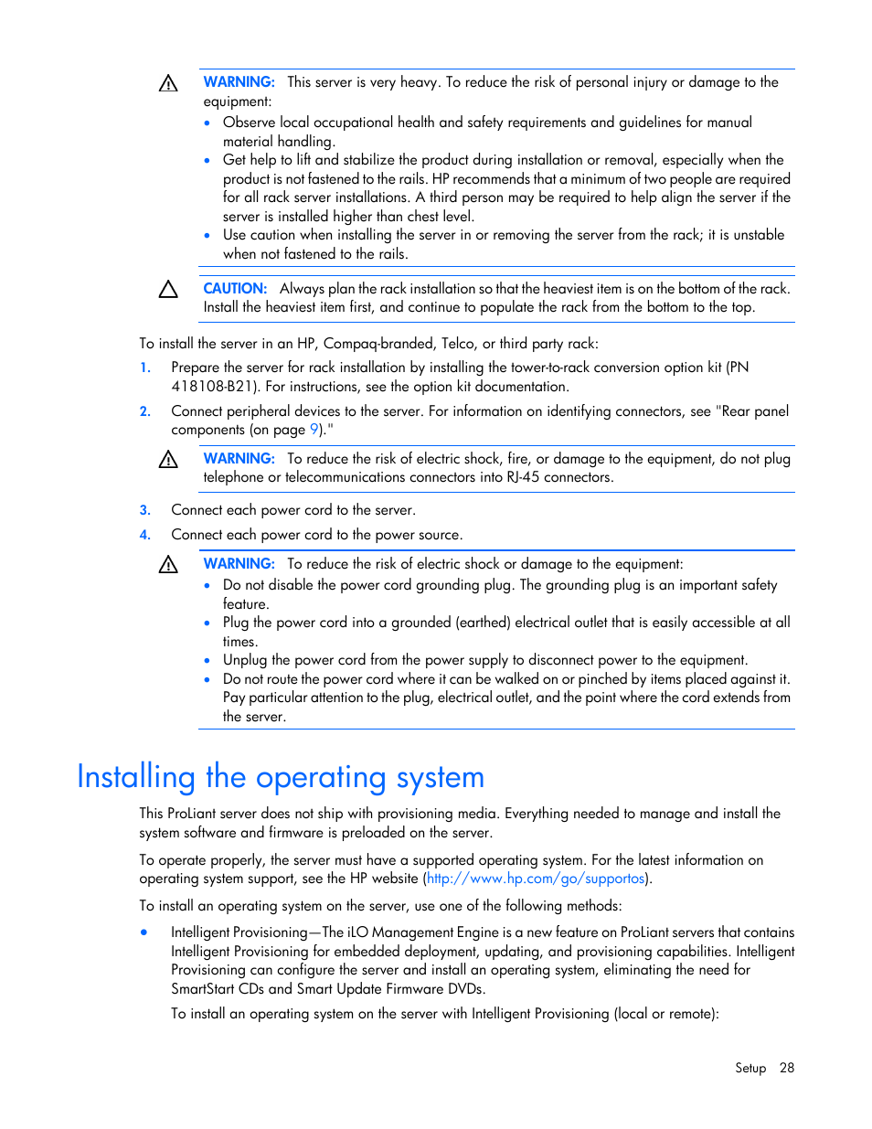 Installing the operating system | HP ProLiant ML310e Gen8 Server User Manual | Page 28 / 107