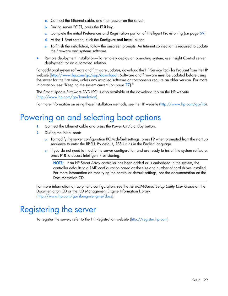 Powering on and selecting boot options, Registering the server | HP ProLiant ML310e Gen8 Server User Manual | Page 29 / 107