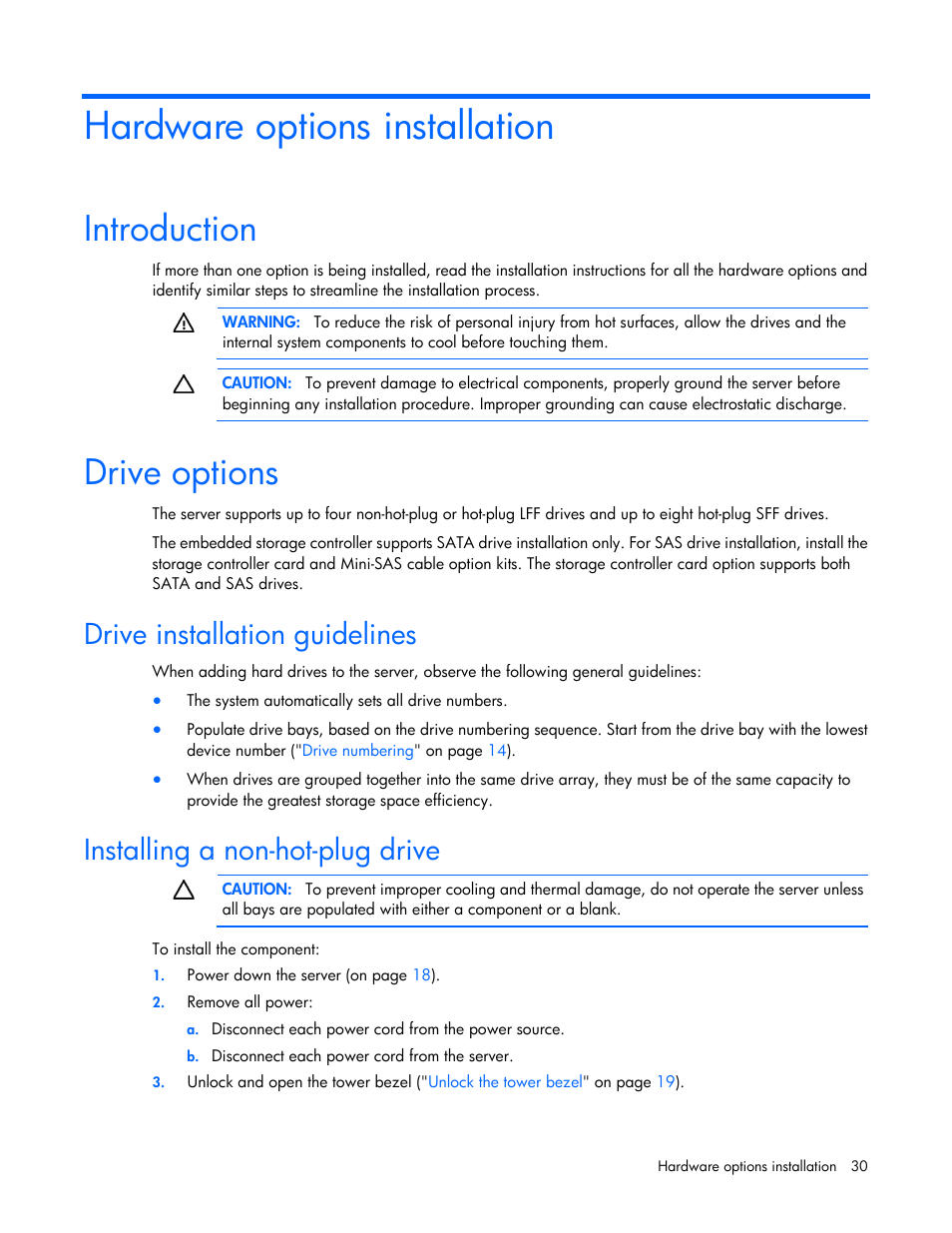 Hardware options installation, Introduction, Drive options | Drive installation guidelines, Installing a non-hot-plug drive | HP ProLiant ML310e Gen8 Server User Manual | Page 30 / 107