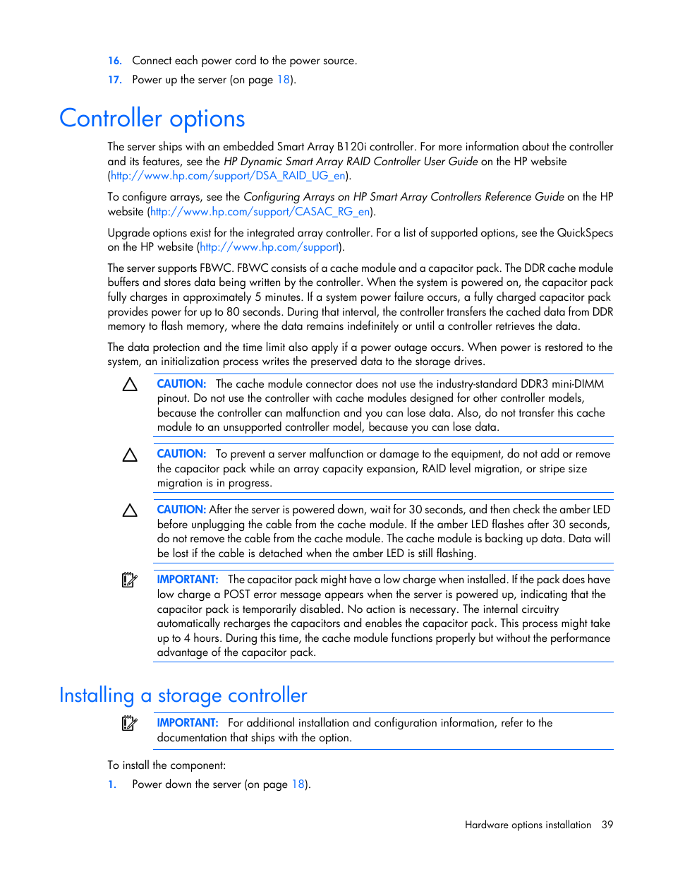 Controller options, Installing a storage controller | HP ProLiant ML310e Gen8 Server User Manual | Page 39 / 107
