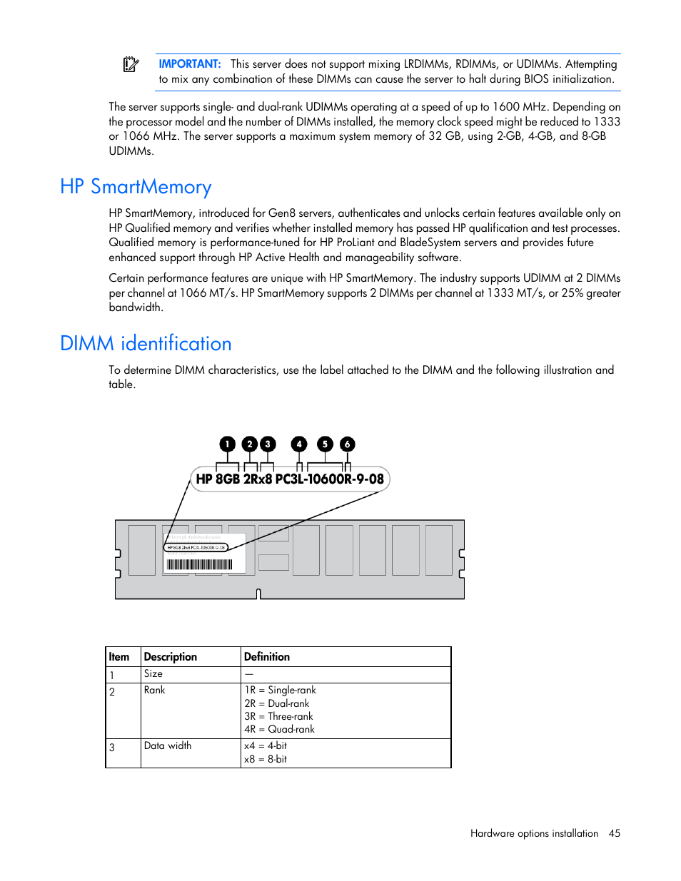 Hp smartmemory, Dimm identification | HP ProLiant ML310e Gen8 Server User Manual | Page 45 / 107