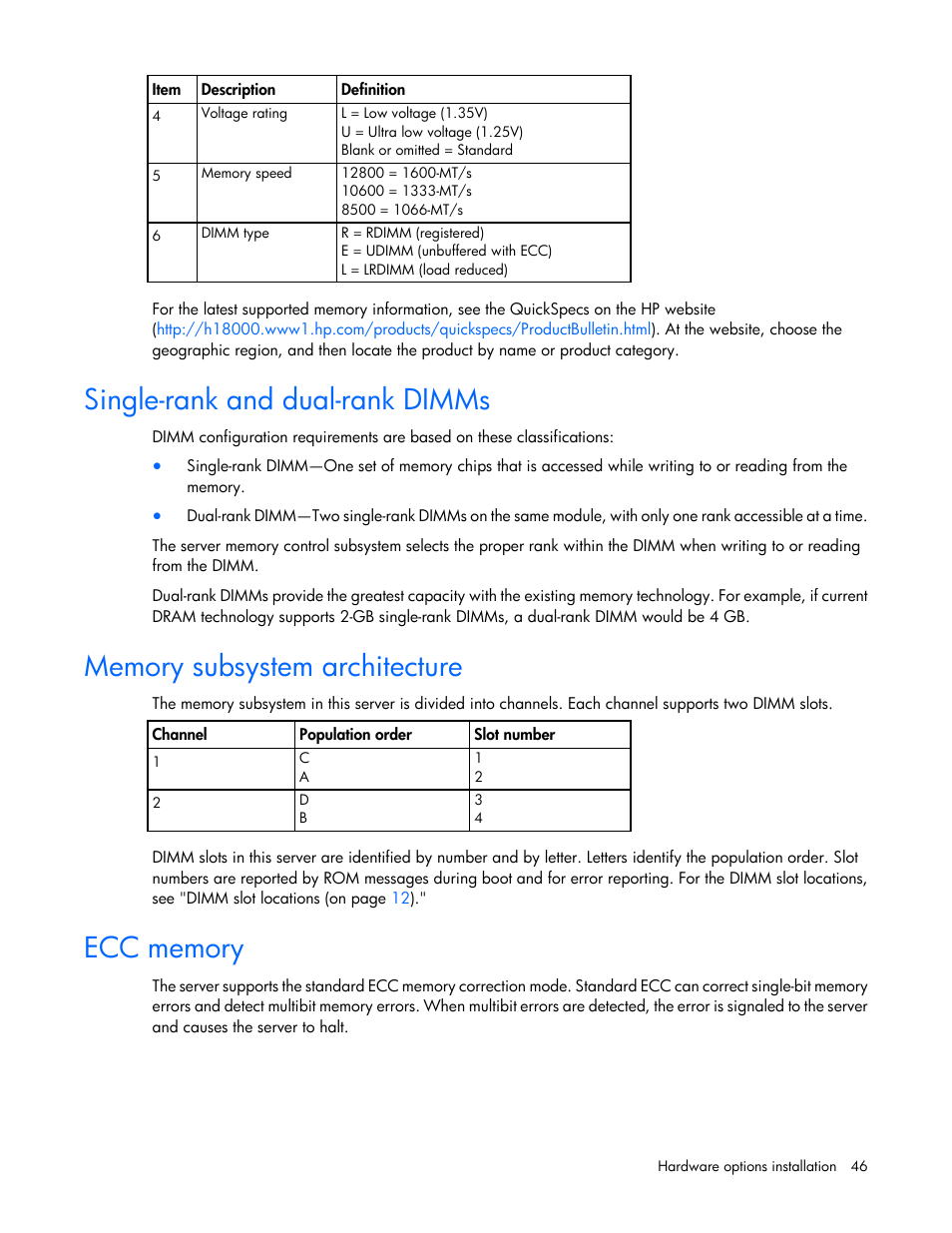 Single-rank and dual-rank dimms, Memory subsystem architecture, Ecc memory | HP ProLiant ML310e Gen8 Server User Manual | Page 46 / 107