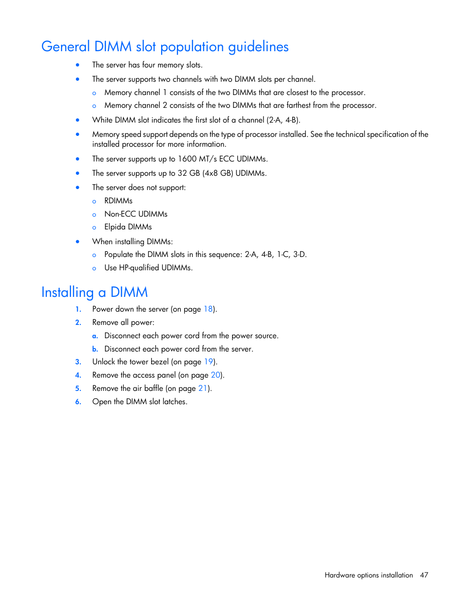 General dimm slot population guidelines, Installing a dimm | HP ProLiant ML310e Gen8 Server User Manual | Page 47 / 107