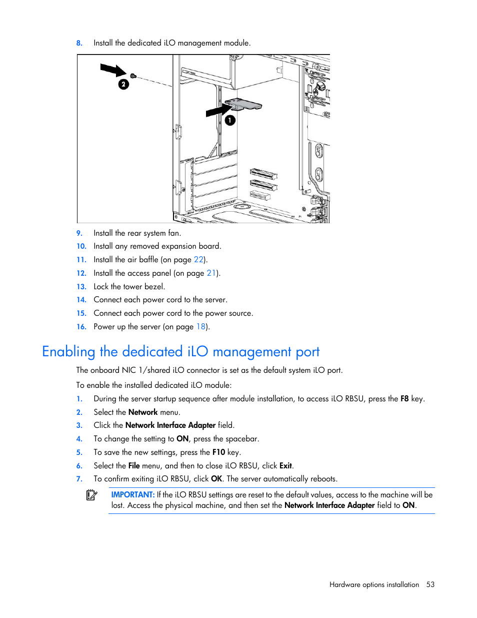 Enabling the dedicated ilo management port | HP ProLiant ML310e Gen8 Server User Manual | Page 53 / 107