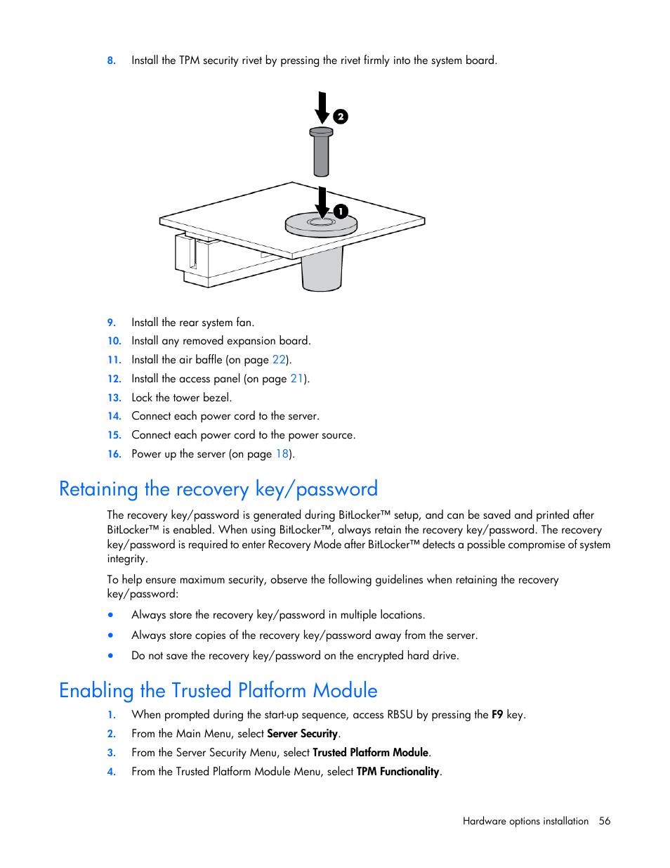 Retaining the recovery key/password, Enabling the trusted platform module | HP ProLiant ML310e Gen8 Server User Manual | Page 56 / 107