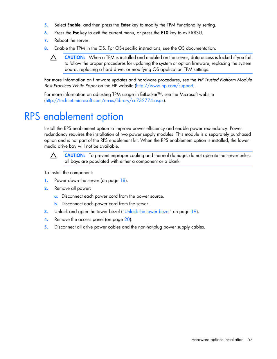 Rps enablement option | HP ProLiant ML310e Gen8 Server User Manual | Page 57 / 107
