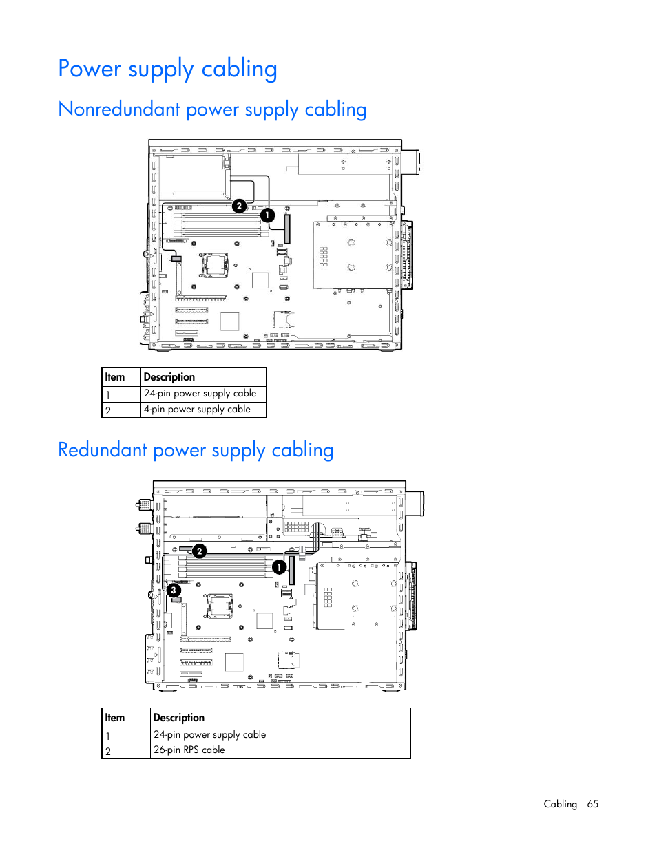 Power supply cabling, Nonredundant power supply cabling, Redundant power supply cabling | HP ProLiant ML310e Gen8 Server User Manual | Page 65 / 107