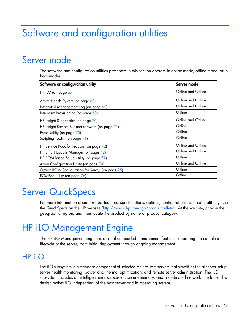 Software and configuration utilities, Server mode, Server quickspecs | Hp ilo management engine, Hp ilo | HP ProLiant ML310e Gen8 Server User Manual | Page 67 / 107