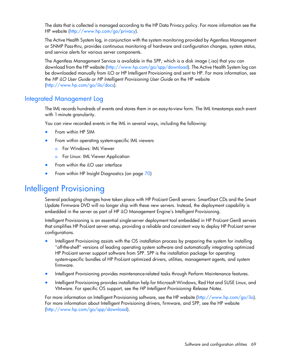Integrated management log, Intelligent provisioning | HP ProLiant ML310e Gen8 Server User Manual | Page 69 / 107