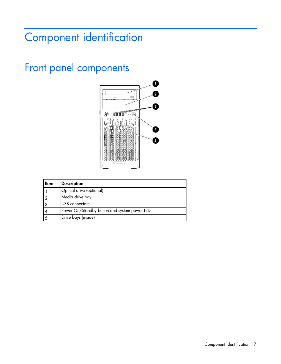 Component identification, Front panel components | HP ProLiant ML310e Gen8 Server User Manual | Page 7 / 107